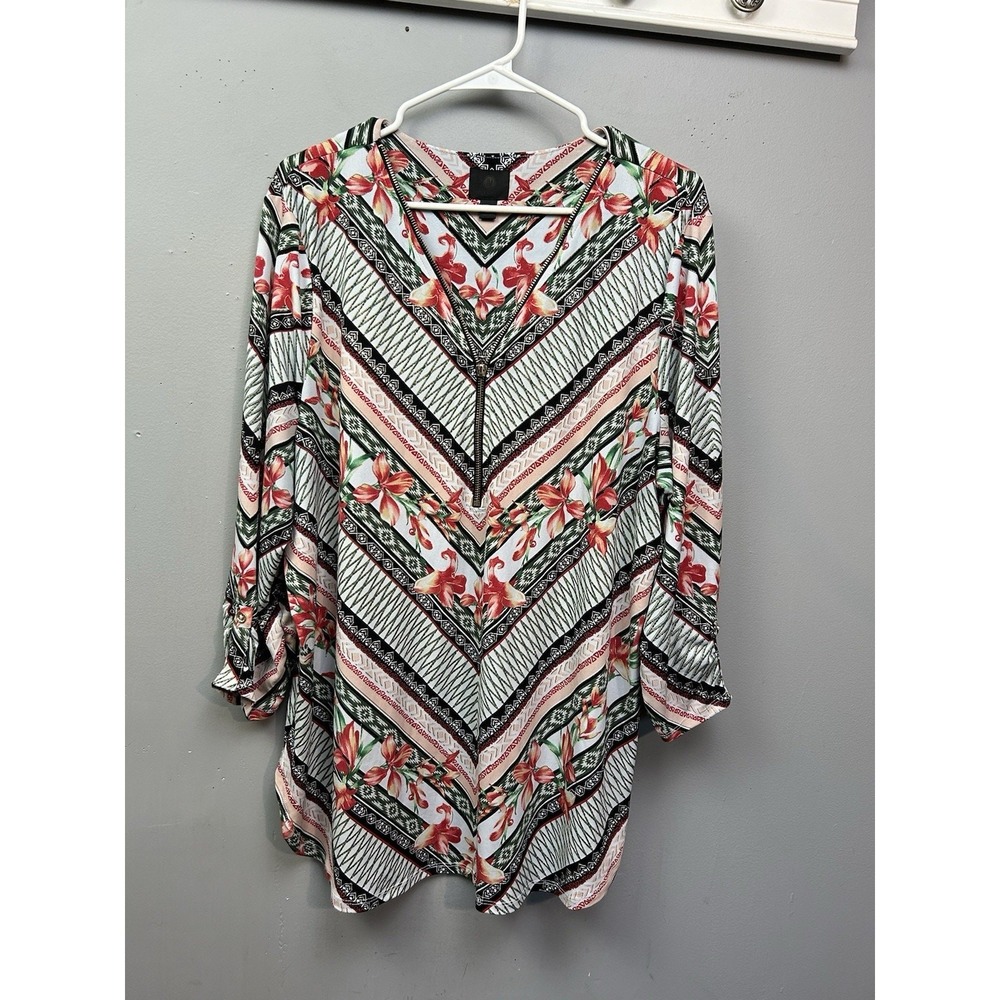 Bobeau Tunic Blouse Womens‎ XXL Multi Color Floral Geometric Zip Roll Tab Sleeve